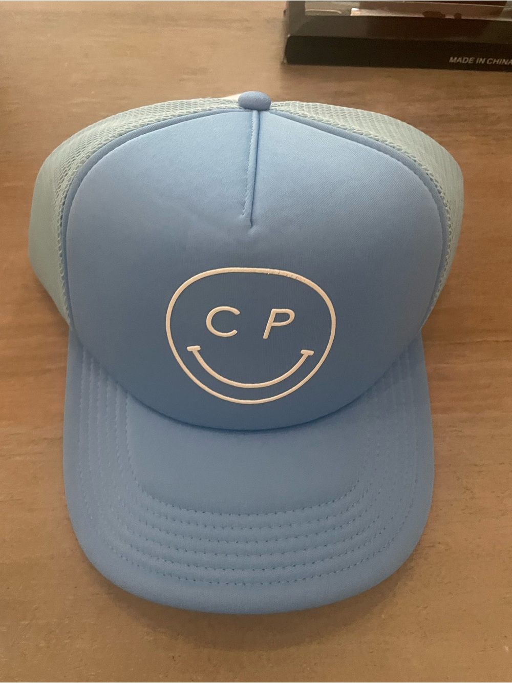 Spiritual Gangster Light Blue Kids Trucker Hat with White Smiley
